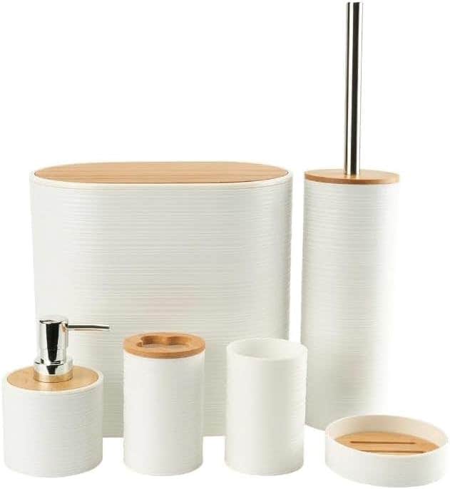 Generic 6-Piece White Bathroom Accessory Set with Bamboo Cover - Soap Dispenser, Toothbrush Holder, Razor Holder - Resin Material