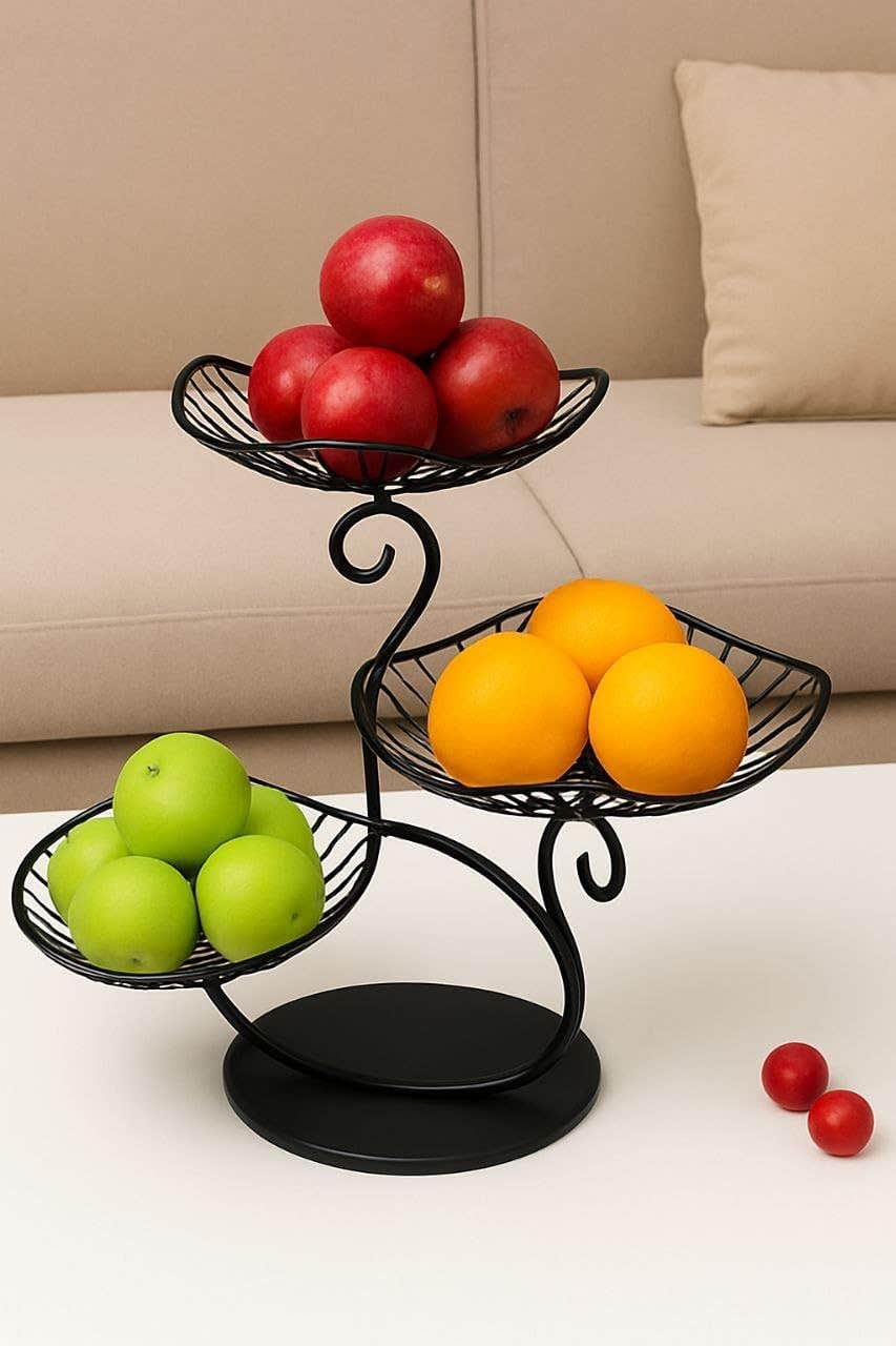 Three Layer Fruit Bowl Simple Iron Multi-Layer Fruit Basket (اسود)