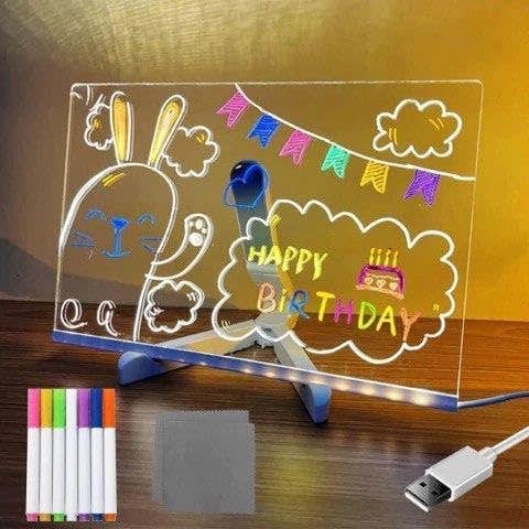 LED Illuminated Message Board for Kids - Cute Cartoon Design, Dry Erase Acrylic, Stand - Home & Office Decor