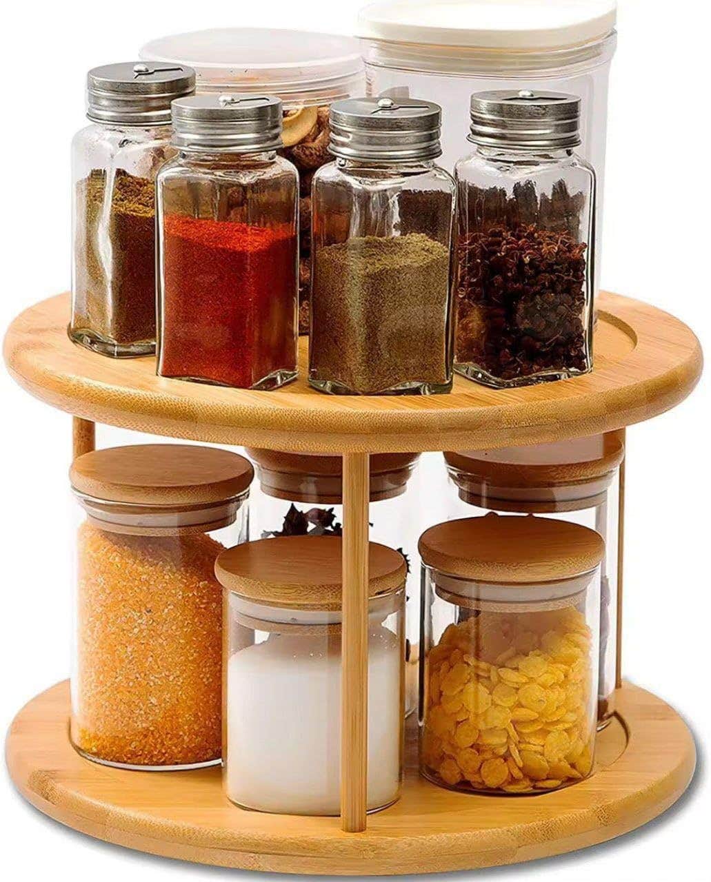 Revolving Spice Rack, Shelf Organiser, Cosmetic Stand, Kitchen Carousel, 2-Tier, HxW: 19.5 x 24.5 cm, Bamboo