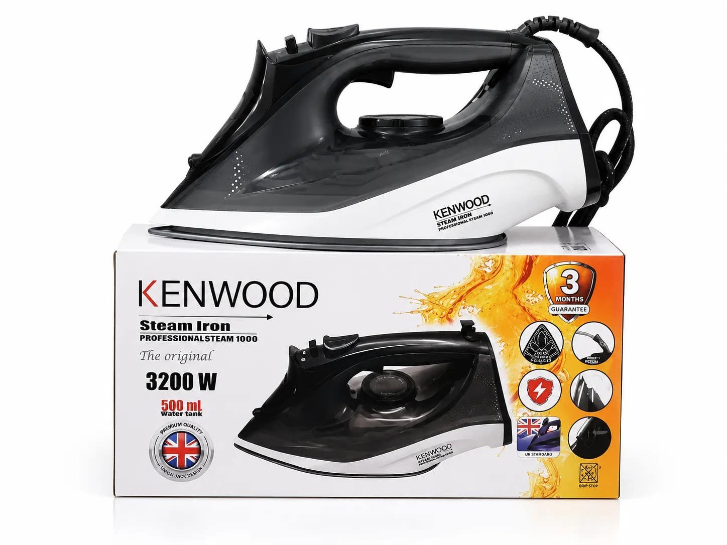 Kenwood 3200W Steam Iron - 500ml Water Tank - Strong Steam - Non-Stick Base - Black & White