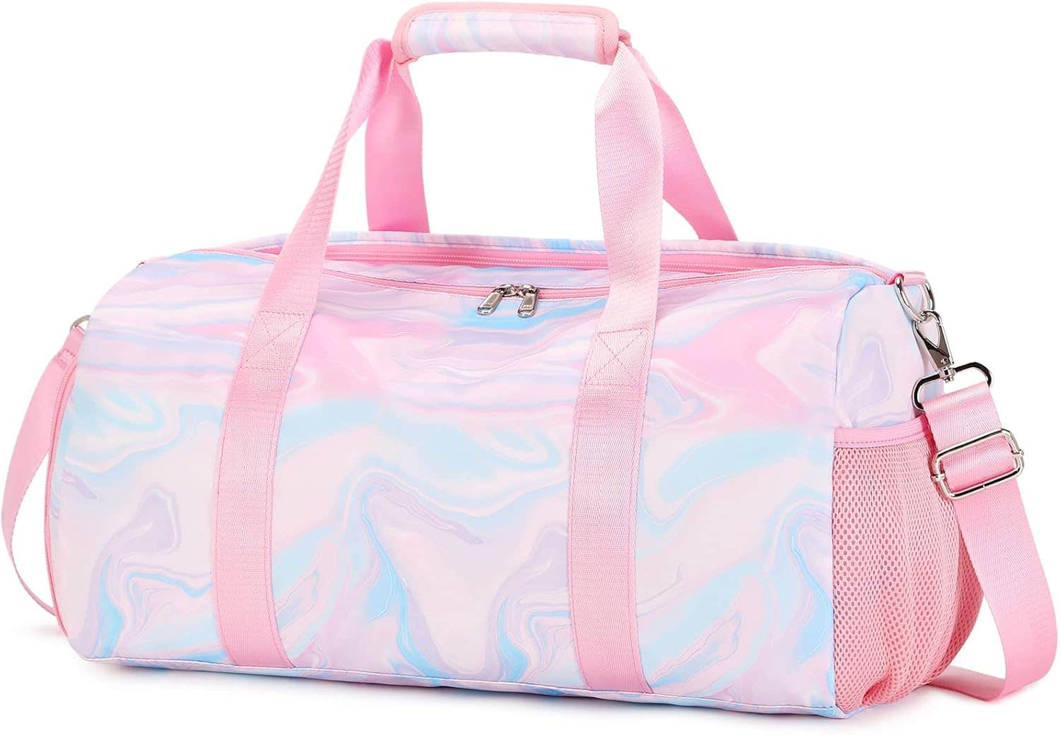 Kimwadalh Girls' Pink Marble Travel Duffel Bag with Shoe Compartment