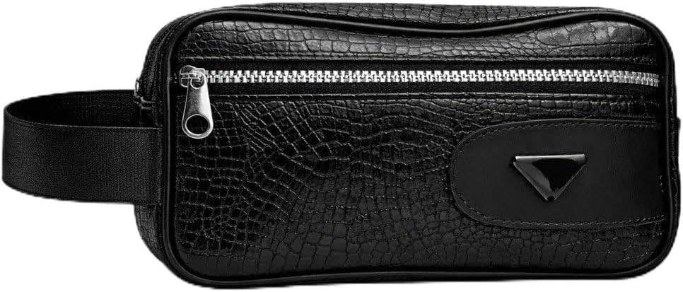 Men's Black Leather Handbag with Crocodile Texture, Spacious Interior, Silver Zippers | Daily Outings