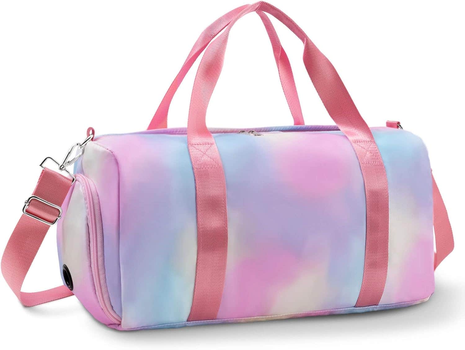 RUGICI Tie Dye Dance Gym Bag with Shoe Compartment, Pink Rainbow - 17.32" - Women Girls Sports Duffel