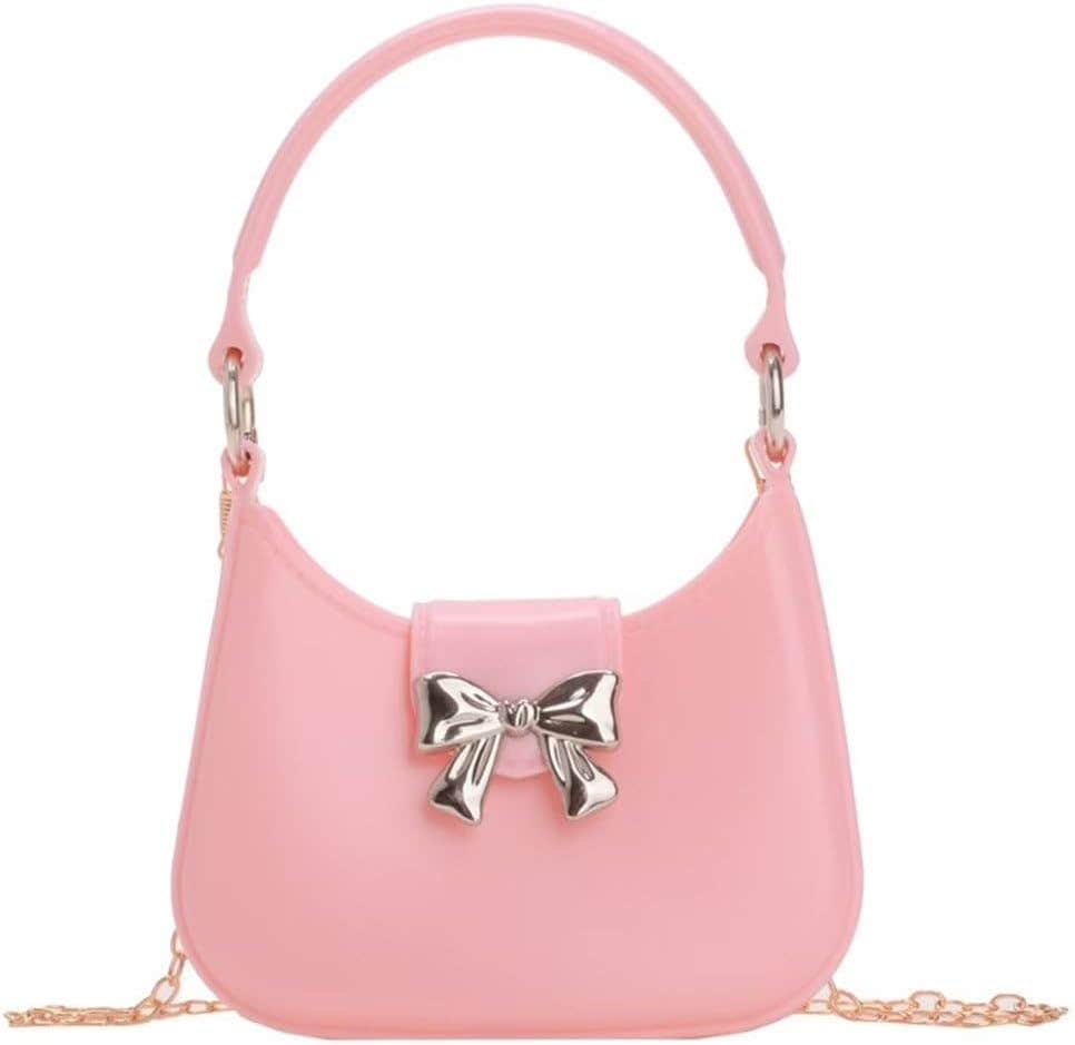 Girls Plastic Handbag with Gold Bow Decoration - Small Top Handle Bag