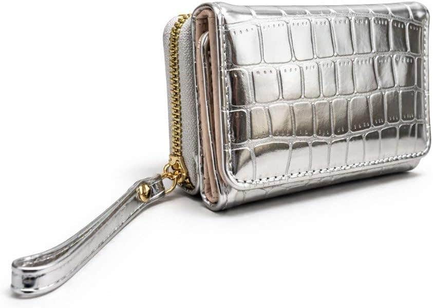 Women's Multi Compartment Wallet with Zipper and Wrist Strap - Silver