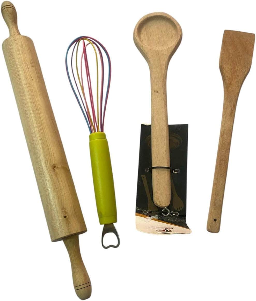 Wooden Kitchen Utensils, 4 Piece Set Includes Rolling Pin, Egg Beater, Wooden Spoon, Spatula