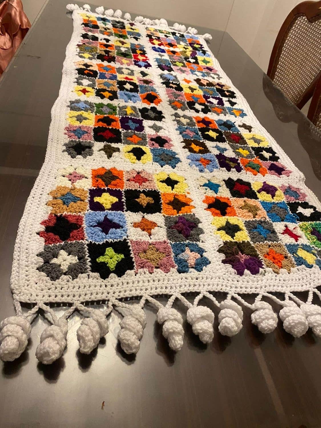 Handmade Crochet Doily, Multicolor Floral Pattern, White with Tassels, Cotton, Traditional Art Design_ Fits Many Purposes _ 1.5m by 75cm