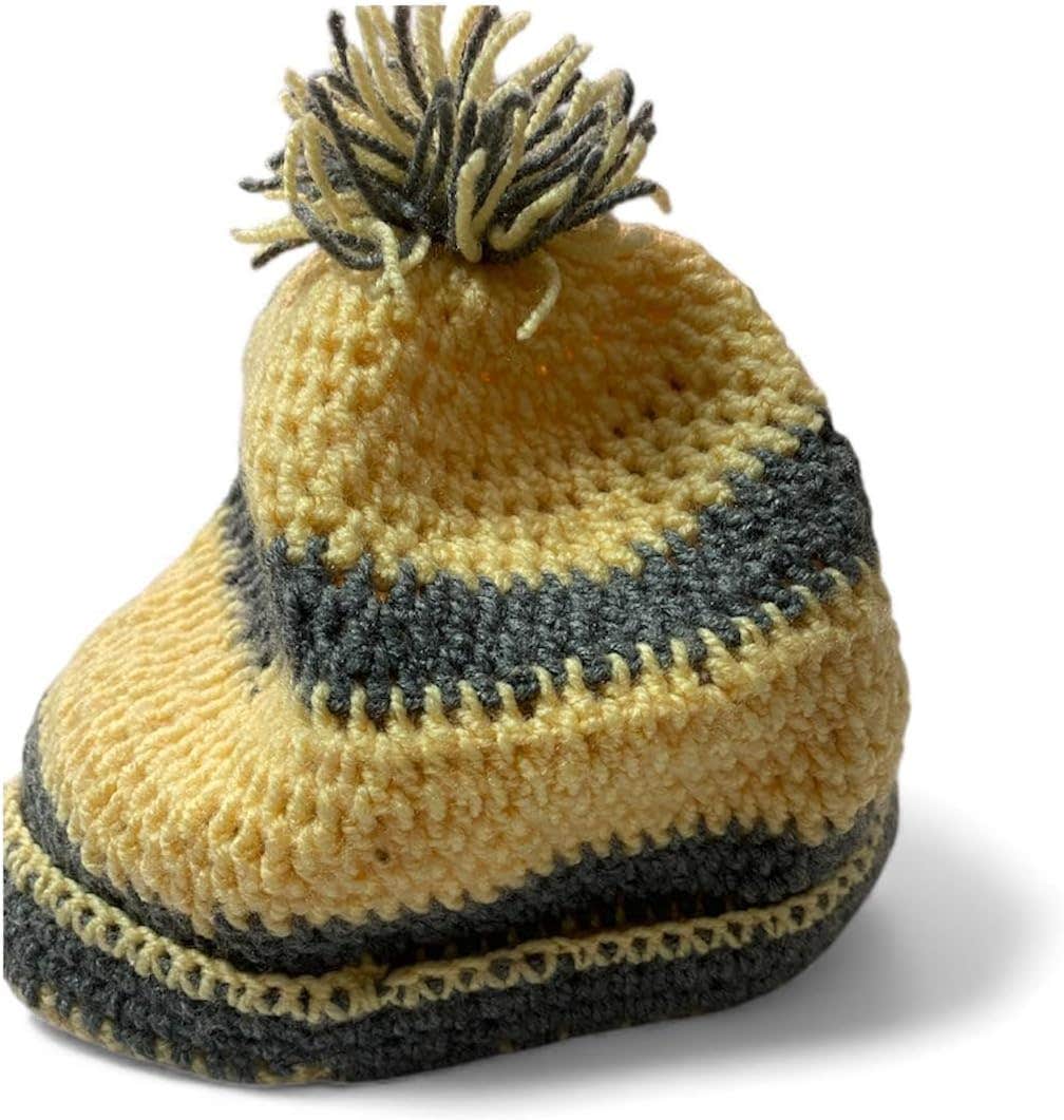 Yellow and Grey Stripes Crochet Hat with Pompom Hand Knitted Winter Hat Soft Wool Yarn for Kids up to 9 Years