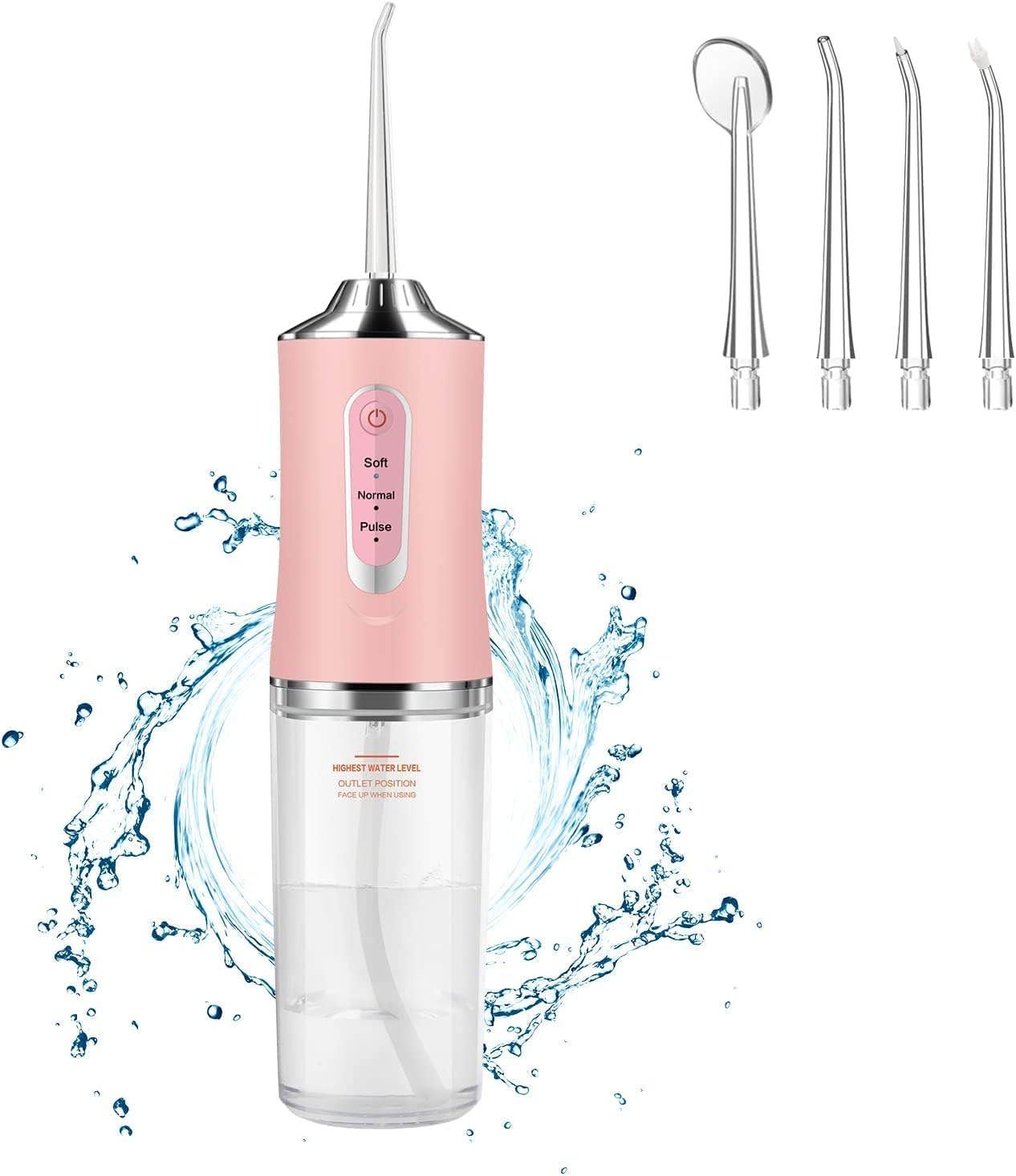 Cordless Water Flosser with 3 Modes, 360° Rotatable Nozzle, 4 Tips - Pink