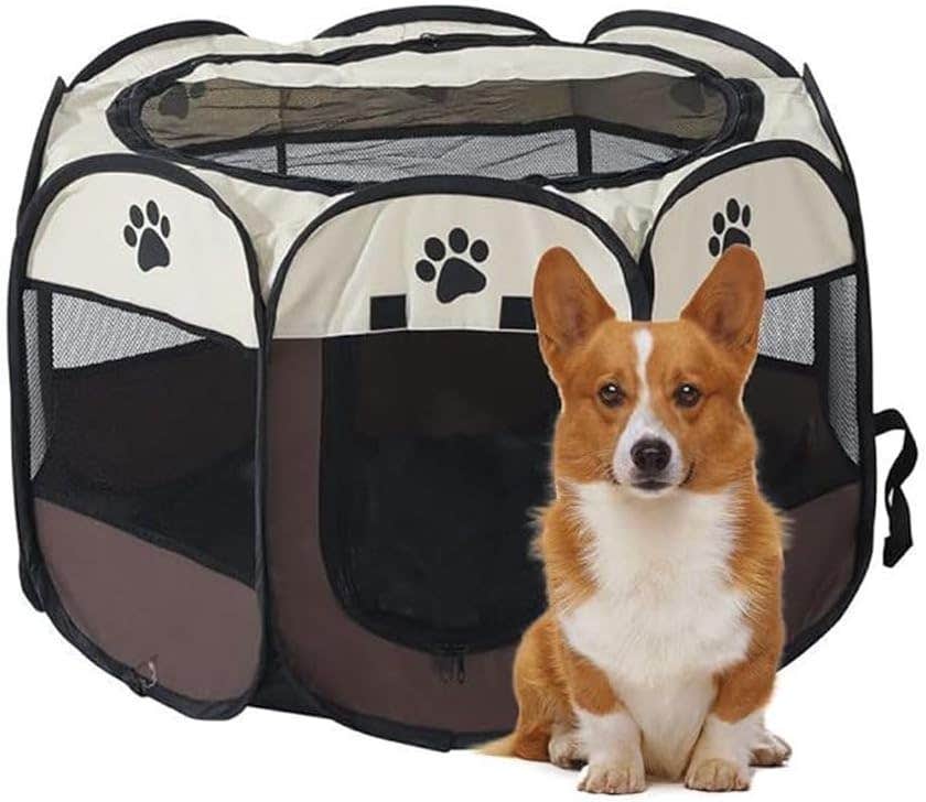 HEXAR Dog Playpen Octagonal | Removable & Foldable Exercise Kennel Tent | Ventilated Mesh | Brown Beige