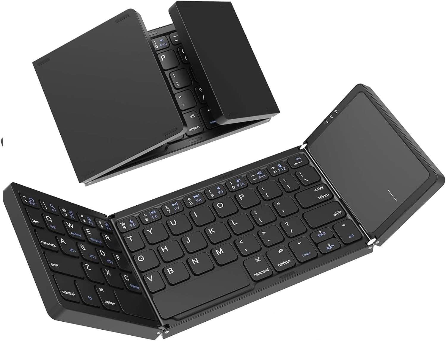 Mini Folding Bluetooth Keyboard with Touchpad - Rechargeable Tri-Fold Keyboard for Windows, Android, iOS | Black