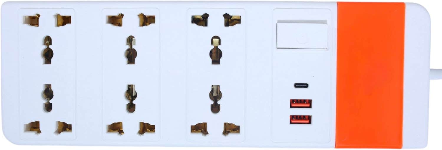 Generic Power Strip with 6 Outlets, 2 USB & Type-C Ports - 2500W, White/Orange
