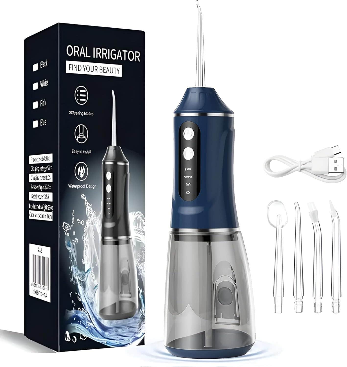 Plan A Portable Water Flosser with 4 Nozzles - Blue - USB Rechargeable