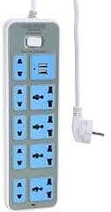 Generic 9-Outlet Power Strip with USB Ports - 10A Capacity - Surge Protector - Grey/Blue - 2m Cord - Ideal for Home/Office