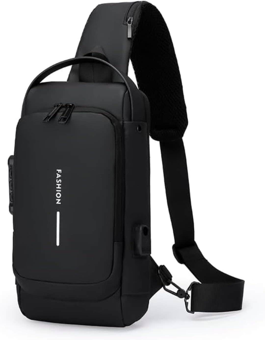 Waterproof Anti-Theft Crossbody Backpack, USB Port & Password Lock, Black