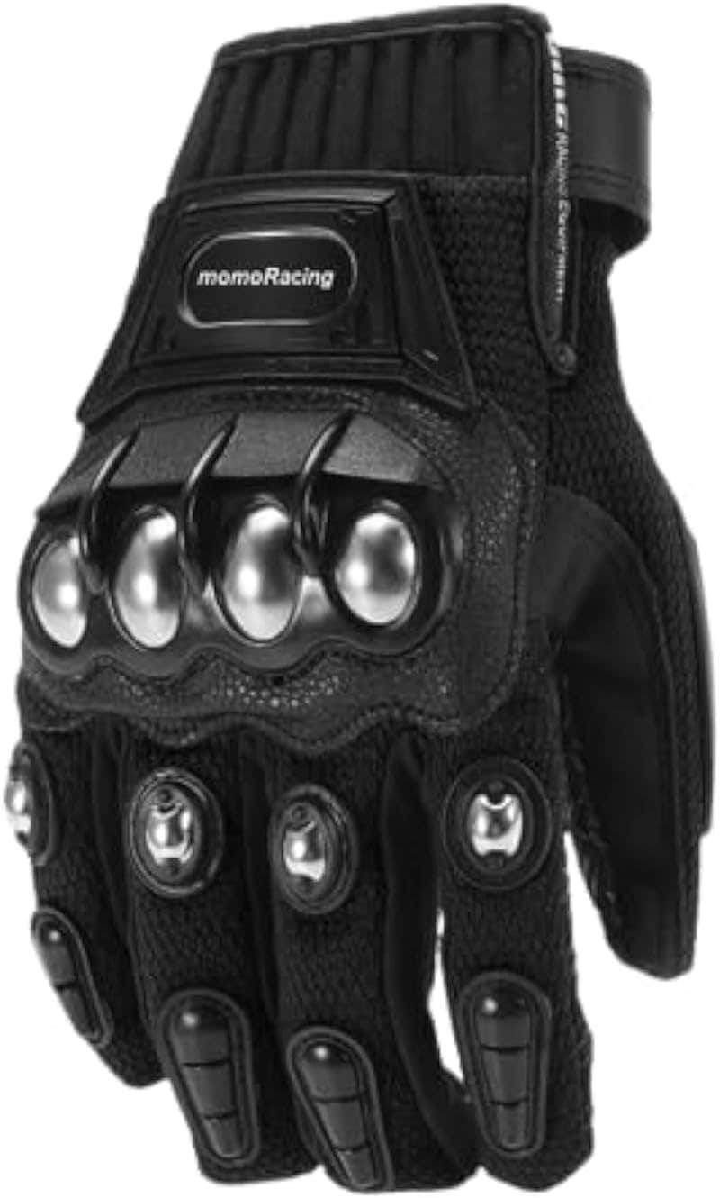 Momo Racing Leather Motorcycle Gloves with Touch Screen Support, Black