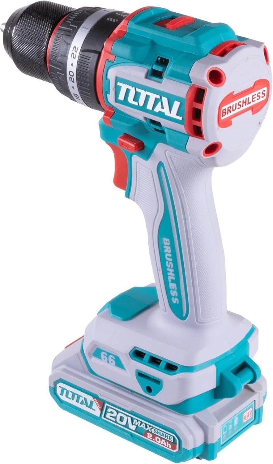 TOTAL Brushless Cordless Hammer Drill - 66Nm Torque, 2-Speed, LED Light, 20V