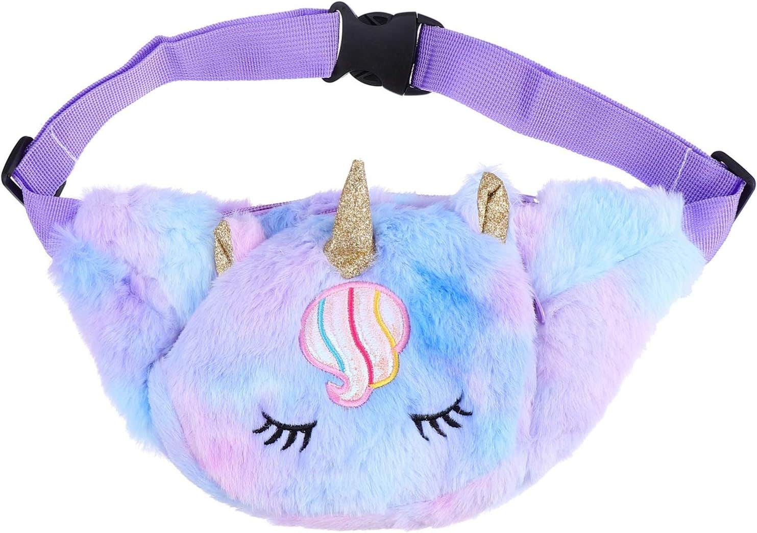 VALICLUD Kids Fluffy Unicorn Fanny Pack - Purple Plush Waist Bag