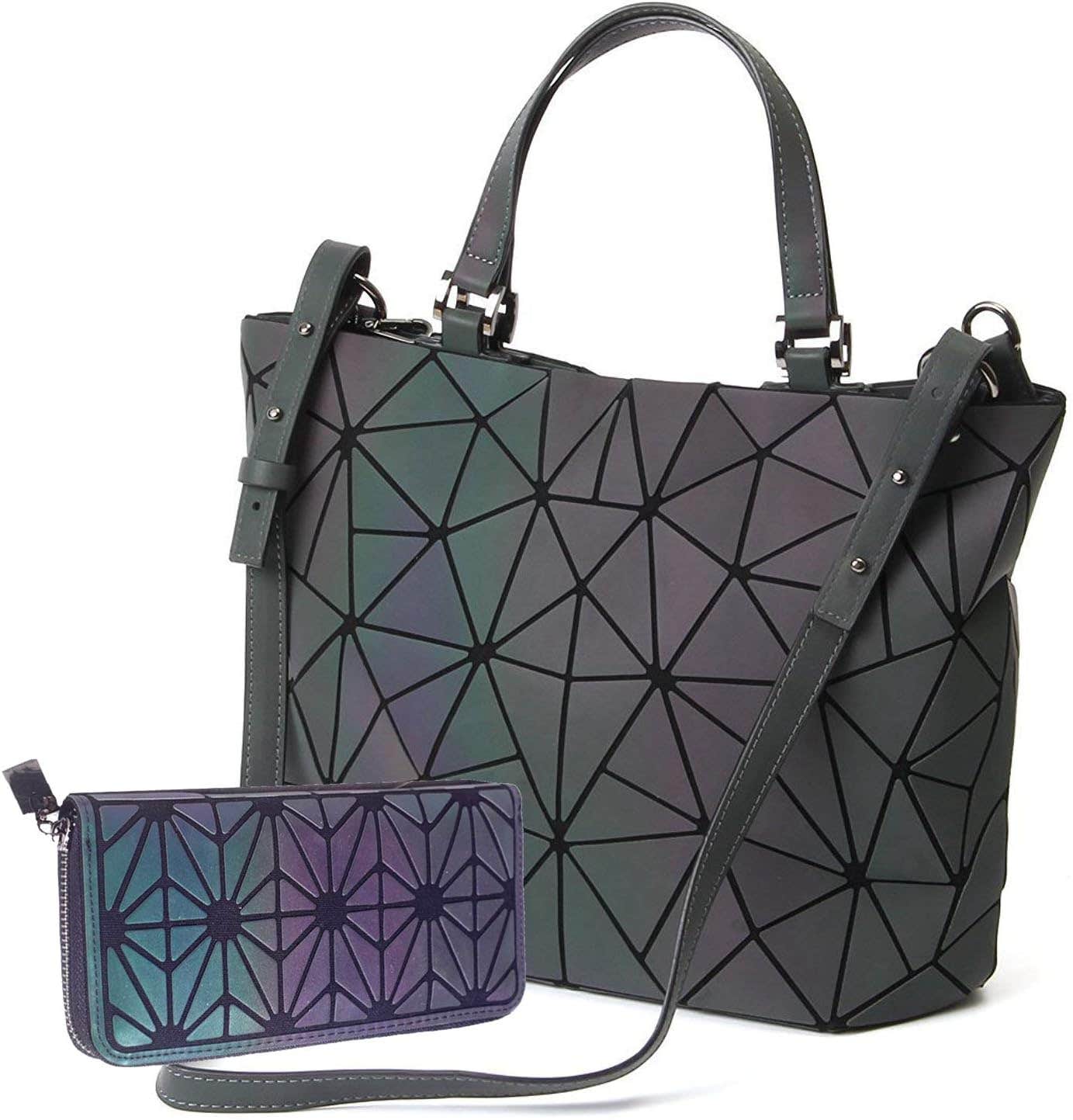 Gupiar Geometric Luminous Shoulder Bag & Wallet Set - Reflective Holographic Handbag