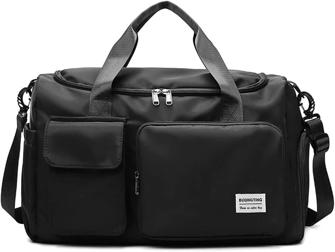 GIFYY Women's Black Nylon Duffle Bag with Shoes Compartment - Sports Gym & Travel Weekender