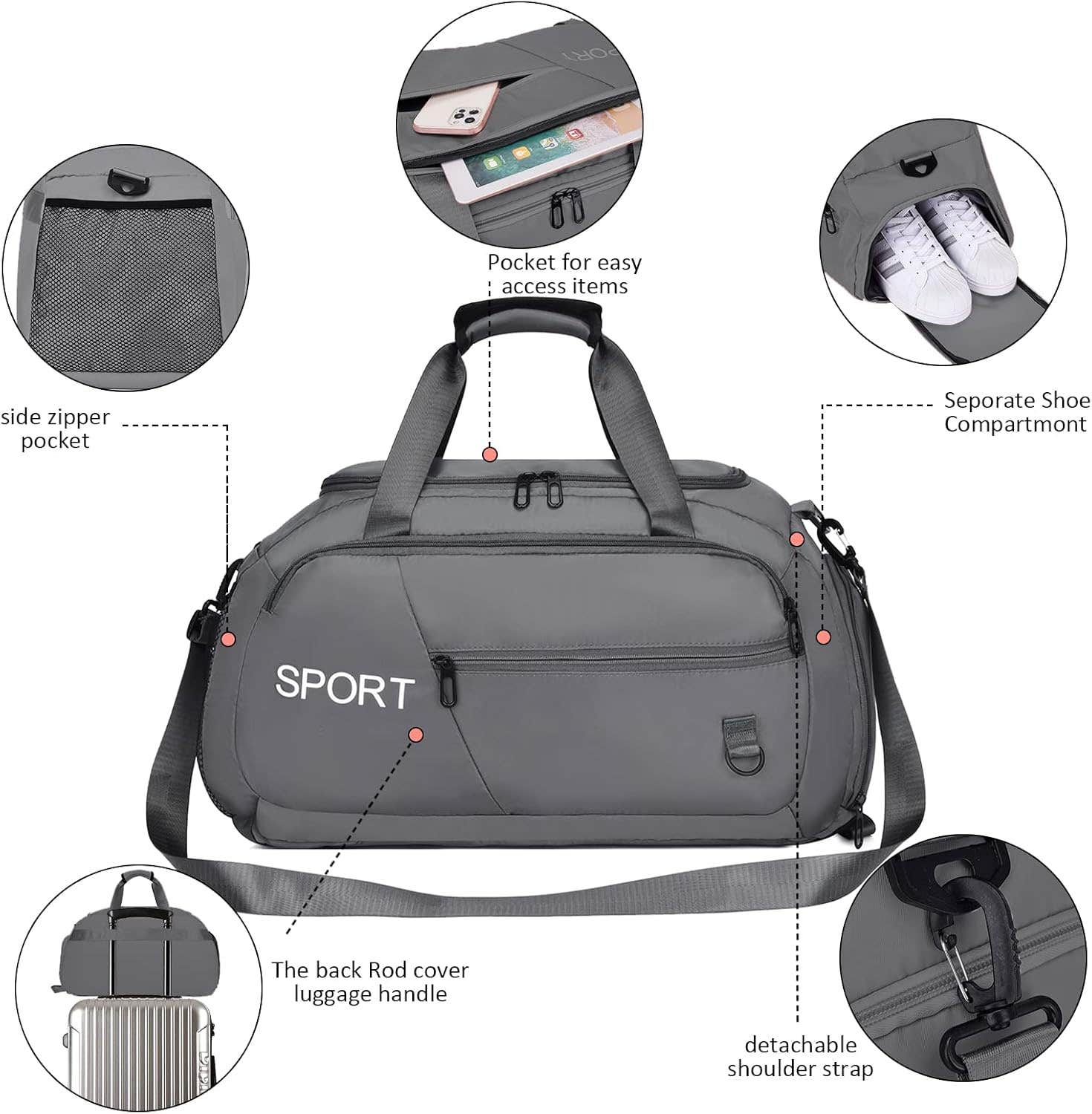 HAUTHE Women's Grey Weekender Sports Gym Duffle Bag with Shoe Compartment