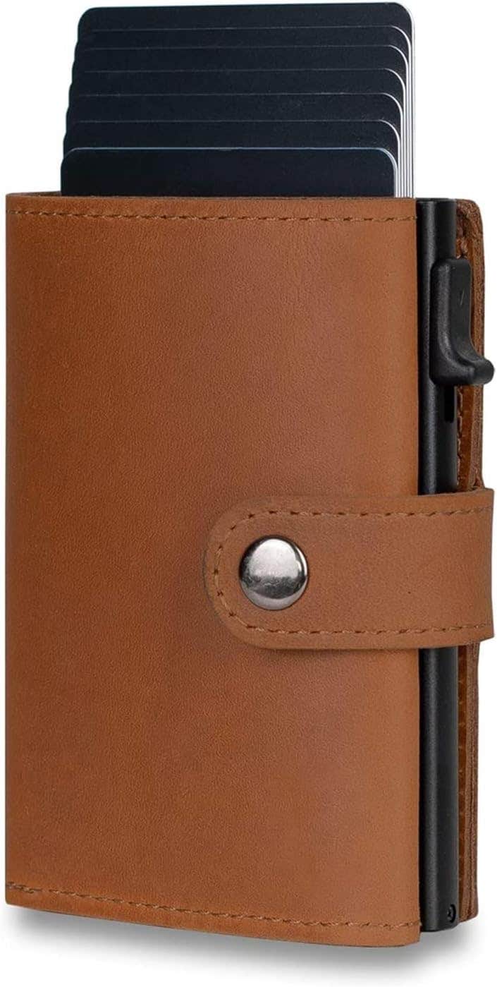 VELOMY Genuine Leather Business Card Holder Wallet with Coin Purse - Light Brown