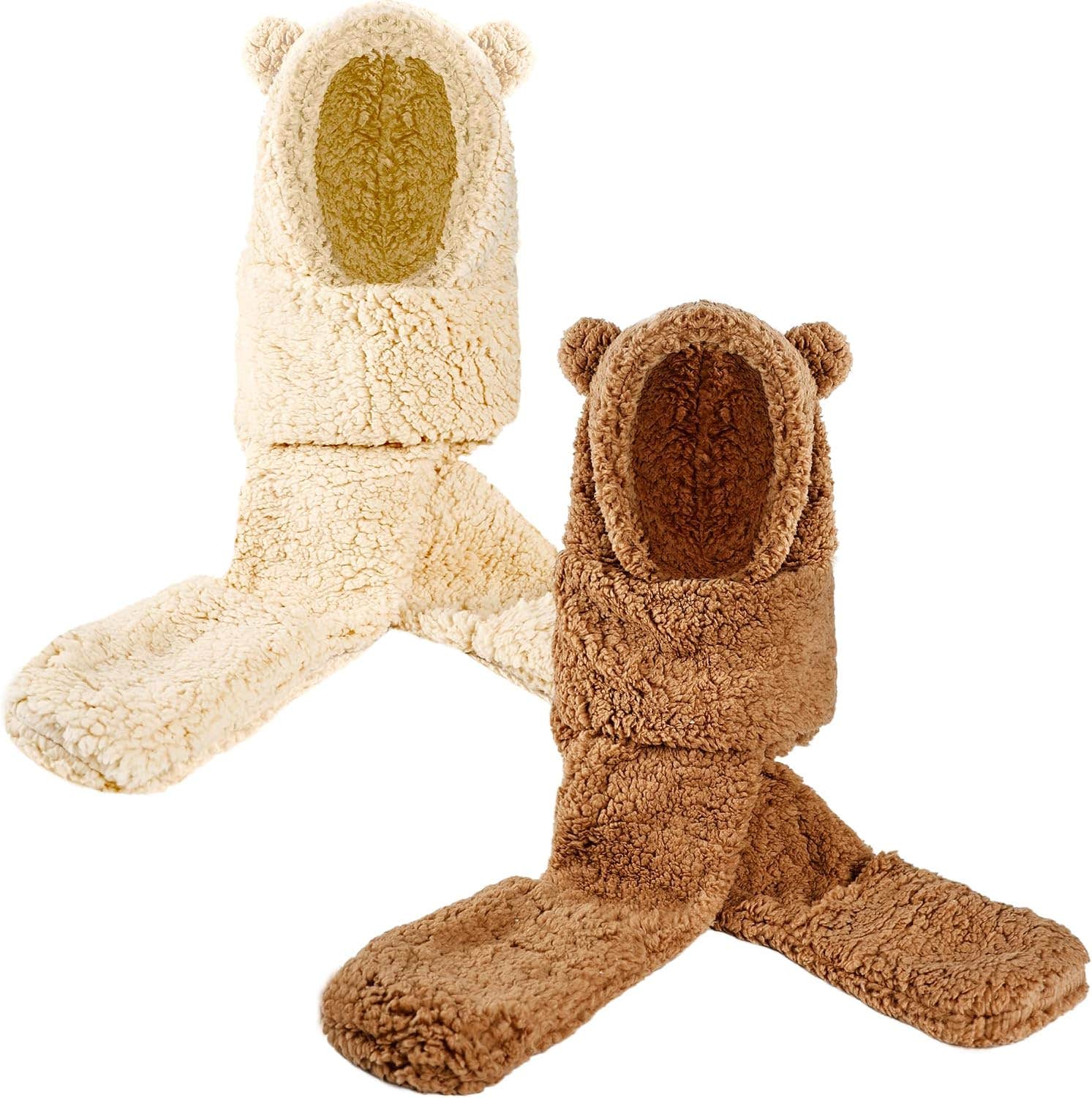 Velvet 3-in-1 Hat Shawl, and Gloves Set for Warm Winters, Bear Ear Hat, 2-Piece Set - Brown Beige