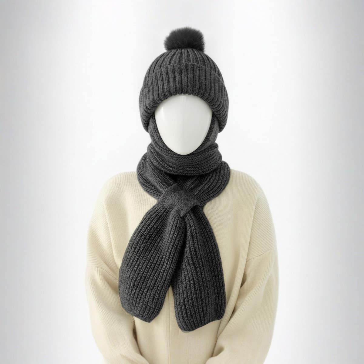 wool winter hat and scarf set for Women's, warm and thick fur cover, 2 pieces - Grey
