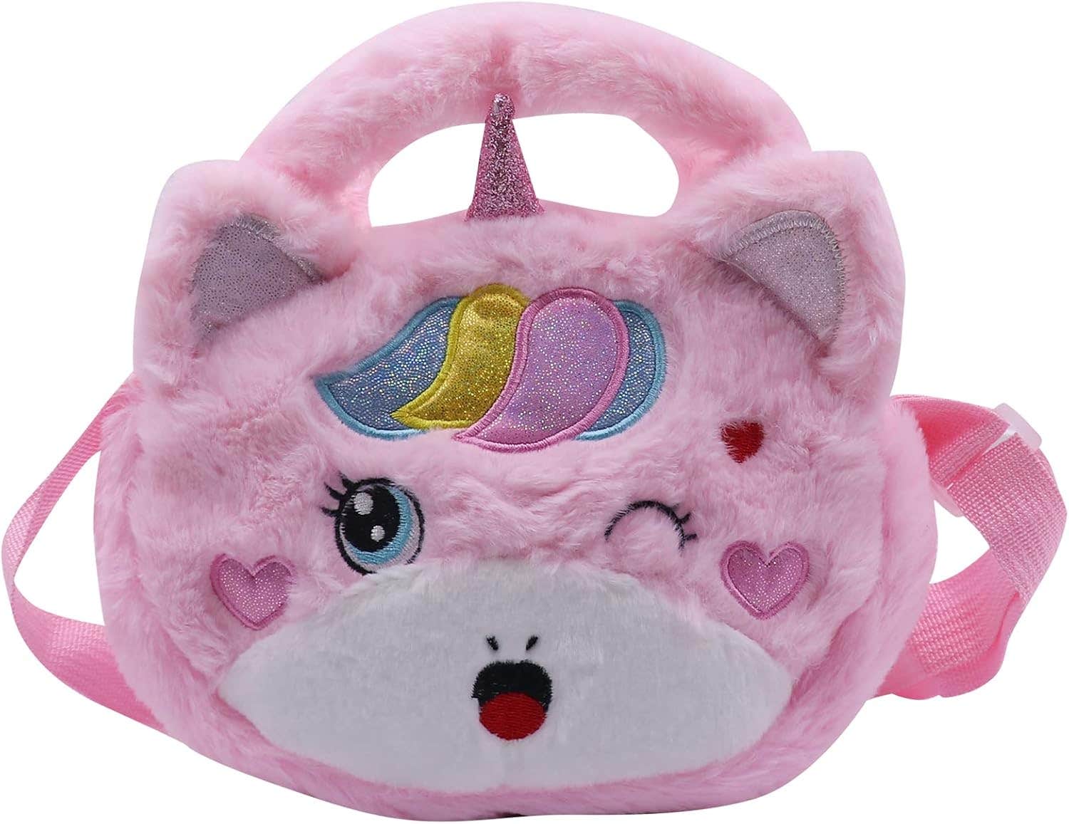 Girls Cute Unicorn Faux Fur Crossbody Bag Handbag and Purse Plush Animal Crossbody Shoulder Purse Fluffy Satchel, Tie Dye Pink, One Size