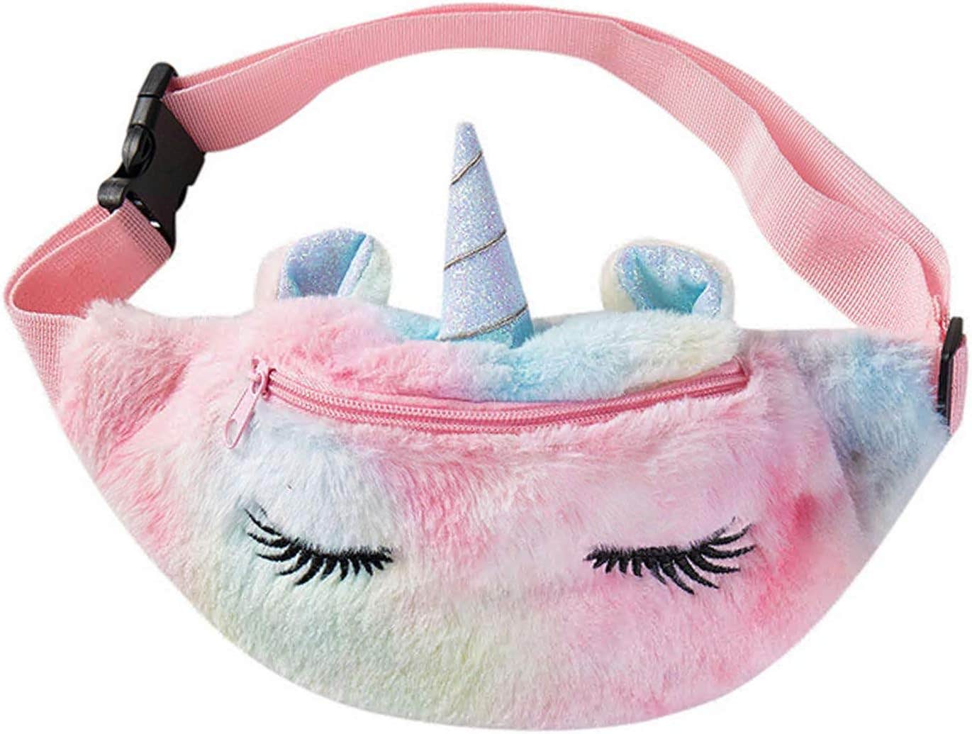 RARITYUS Colorful Cute Unicorn Fanny Pack Fuzzy Faux Fur Plush Waist Pack with Glitter Ears for Little Girls Women, Pink, One Size,