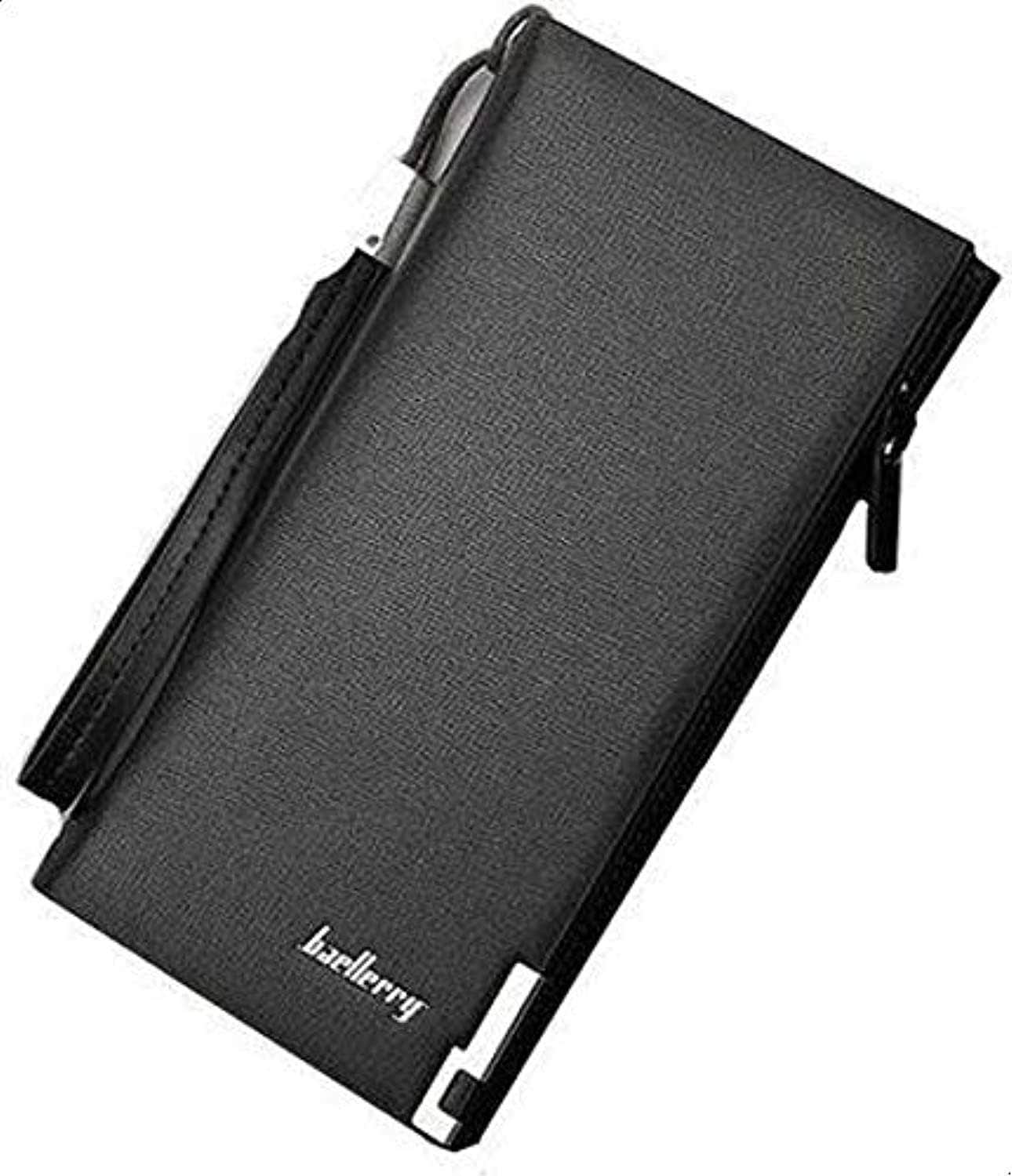 baellerry Men's Leather Long S Hand Strap Multi-Function Solid Color Metal Corners Design Wallet