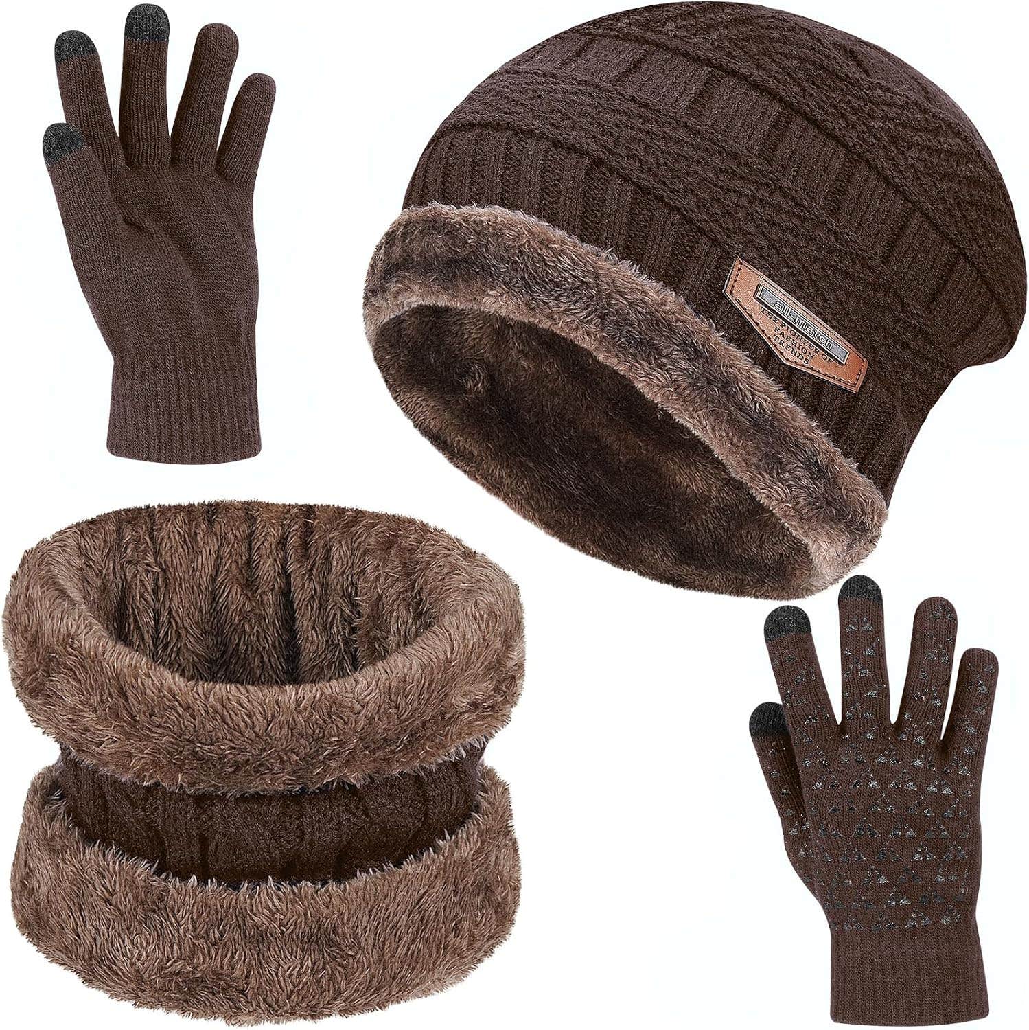 Men Women Winter Beanie Hat Neck Warmer Scarf Touchscreen Gloves 3Pcs Set