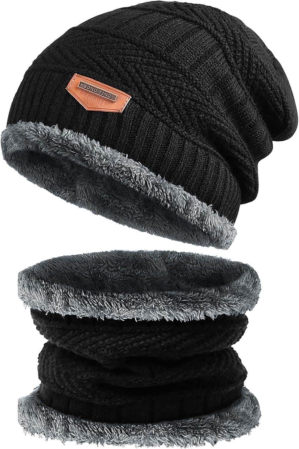 2PCS Winter Beanie Hat Scarf Set for Men,Warm Knit Thick Fleece Lined Skull Cap Neck Warmer for Men Womens,Warmer Beanies Hats Neck Scarfs Set for Skiing Hiking Driving-Black
