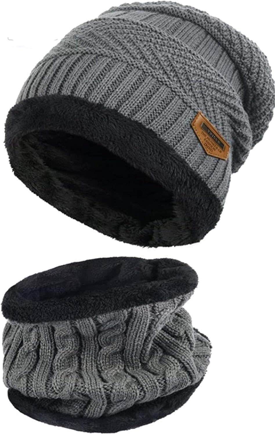 Standard 2Pcs Women's Winter Warm Knitted Cap with Fleece Scarf Set|Neckwarmer|Fleece Lining Cap with Neckwarmer (Grey,Freesize), Grey, One Size