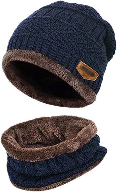 Winter Beanie Hat Scarf Set, Unisex Fleece Lined Winter Warm Knit Slouchy Thick Skull Cap for Men Women