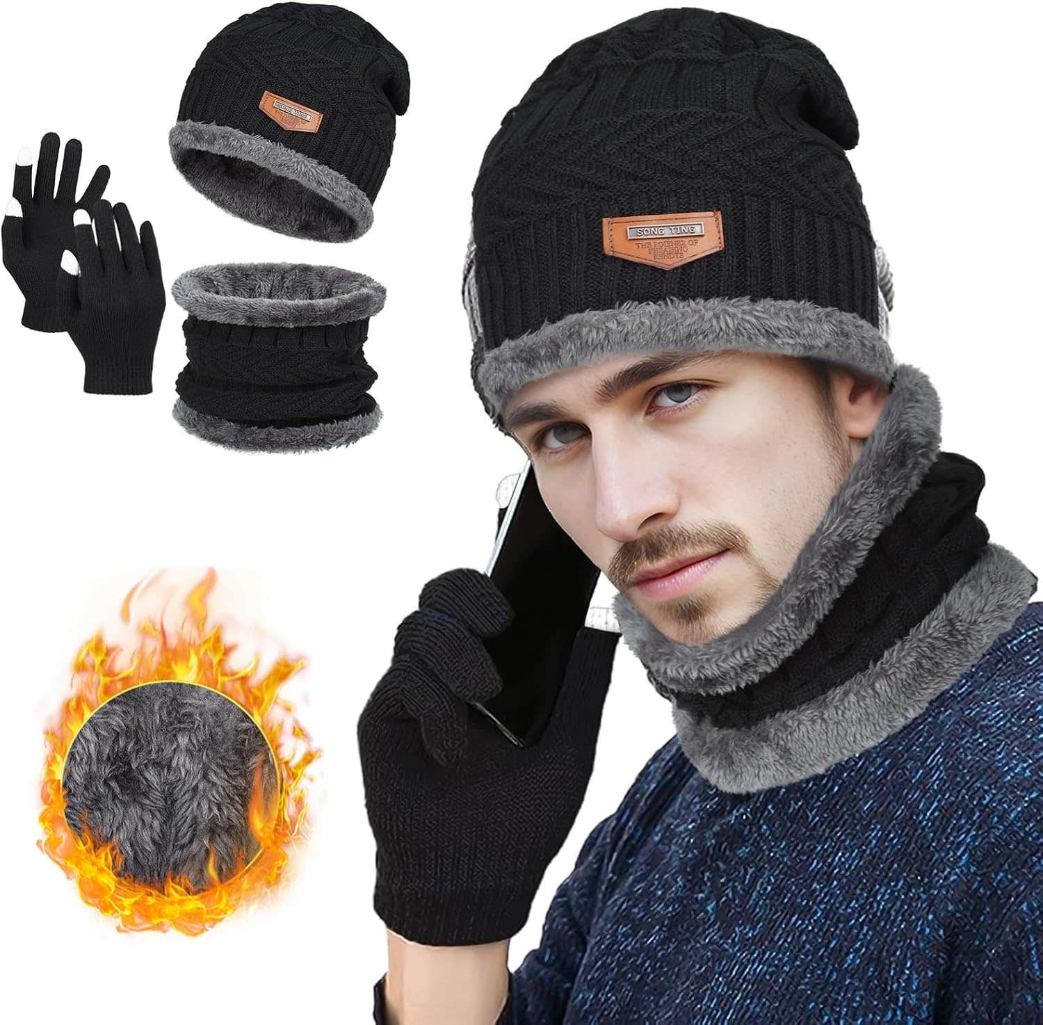 Winter Knit Beanie Hat Neck Warmer Scarf and Touch Screen Gloves Set 3 Pcs Fleece Lined Skull Cap for Men, Black, One Size