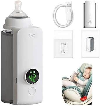 Portable Rechargeable Bottle Warmer, Fast Heating, Digital Display - White/Grey