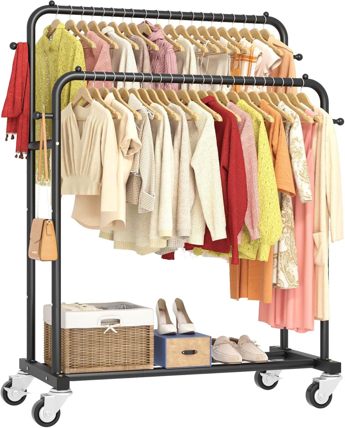 Laiensia Double Rods Clothing Rack with Wheels, Black Metal, Portable & Space-Saving