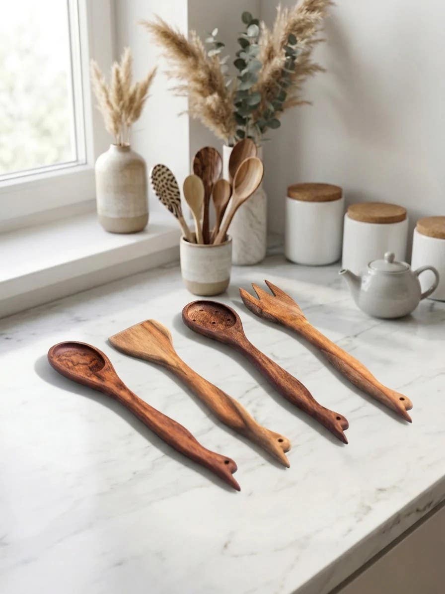 Handcrafted Wooden Kitchen Utensils Set of 4 - Natural Wood, Non-Stick