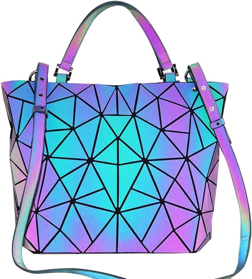 BestoU Geometric Grid Holographic Handbags for Ladies, Color Changing Ladies Purse PU Leather Shoulder Bag, Color 2, 30*13*25cm, Shoulder Bags
