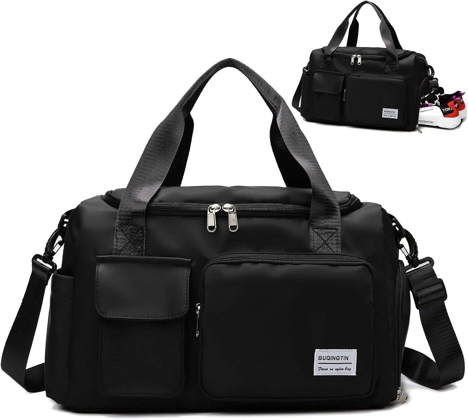 Travel Duffel Bag, Large Sports Tote Gym Bag, Lightweight Waterproof Overnight Weekender Bag, Carry On Bag with Shoes Compartment, Wet Pocket, Adjustable Strap for Women & Men, Black