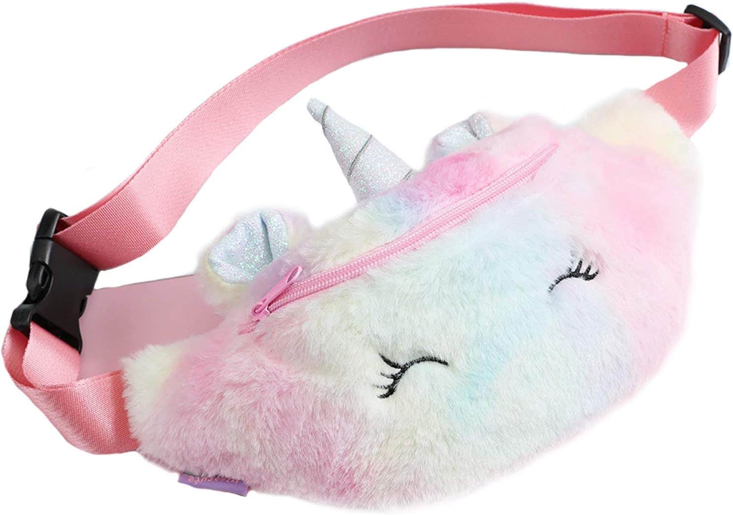 Fxaelian Cute Funny Unicorn Fanny Pack Bum Bag Waist Bag Chest Bag Crossbody Shoulder Bag Belt Bag Catoon Rainbow Adjustable Fuzzy Plush Animal Pack for Kids Girls Smile Multicolor