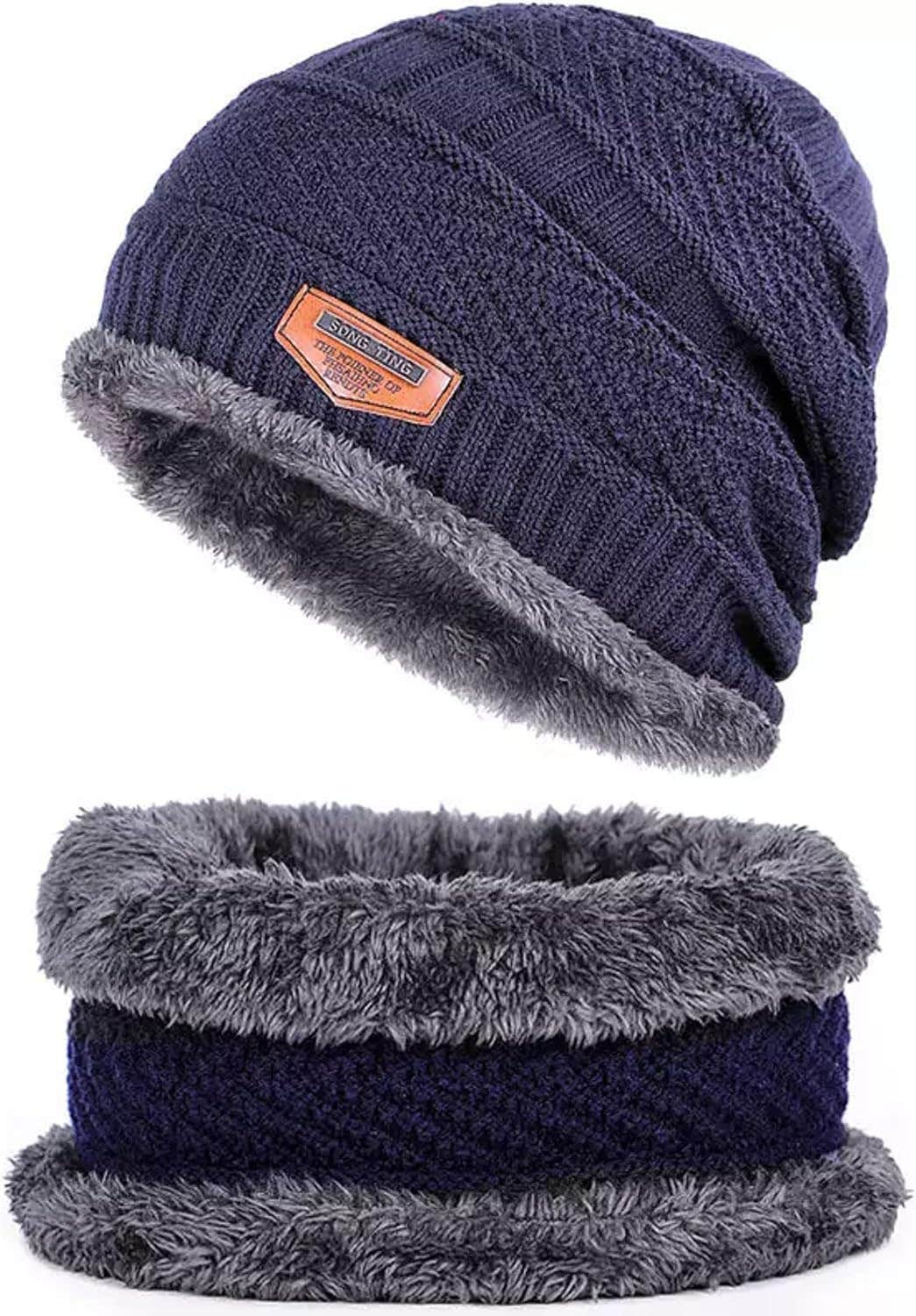 SWR Soft Thicken Ski Hat Men Warm Hats Neck Warm Winter Hat Set Women Men Beanie Knitted Cap Scarf Set, Navy Blue