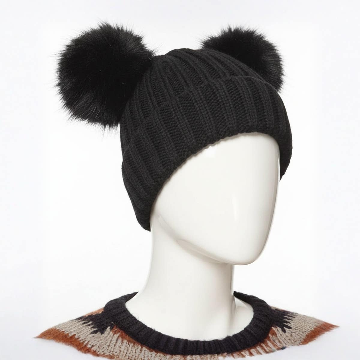 Devil Trends Women Winter Beanie Hat with Double Pom Pom - Multicolor Black - Fleece Lined - One Size