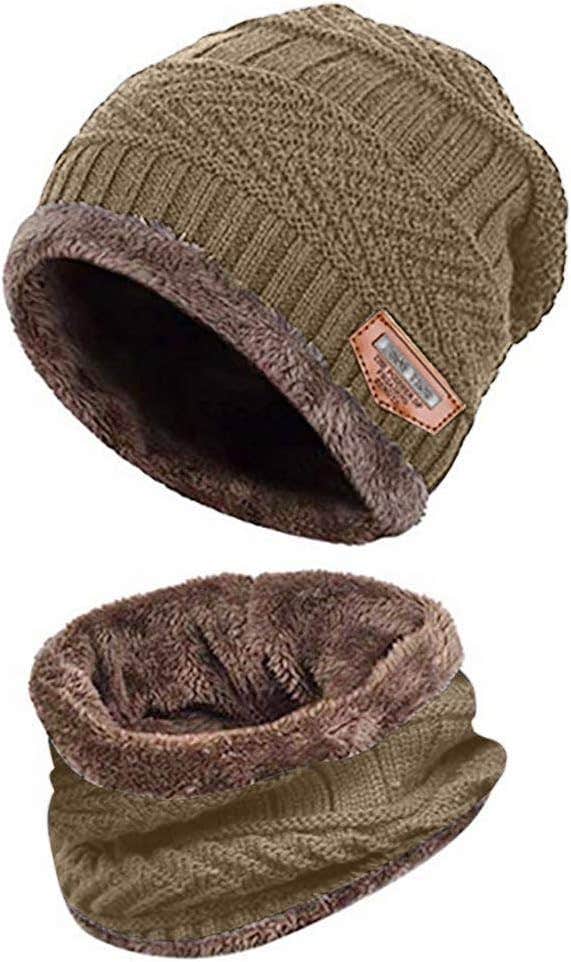 Luadnysin Winter Hat & Loop Scarf Set, Wool Knitted with Fleece Lining