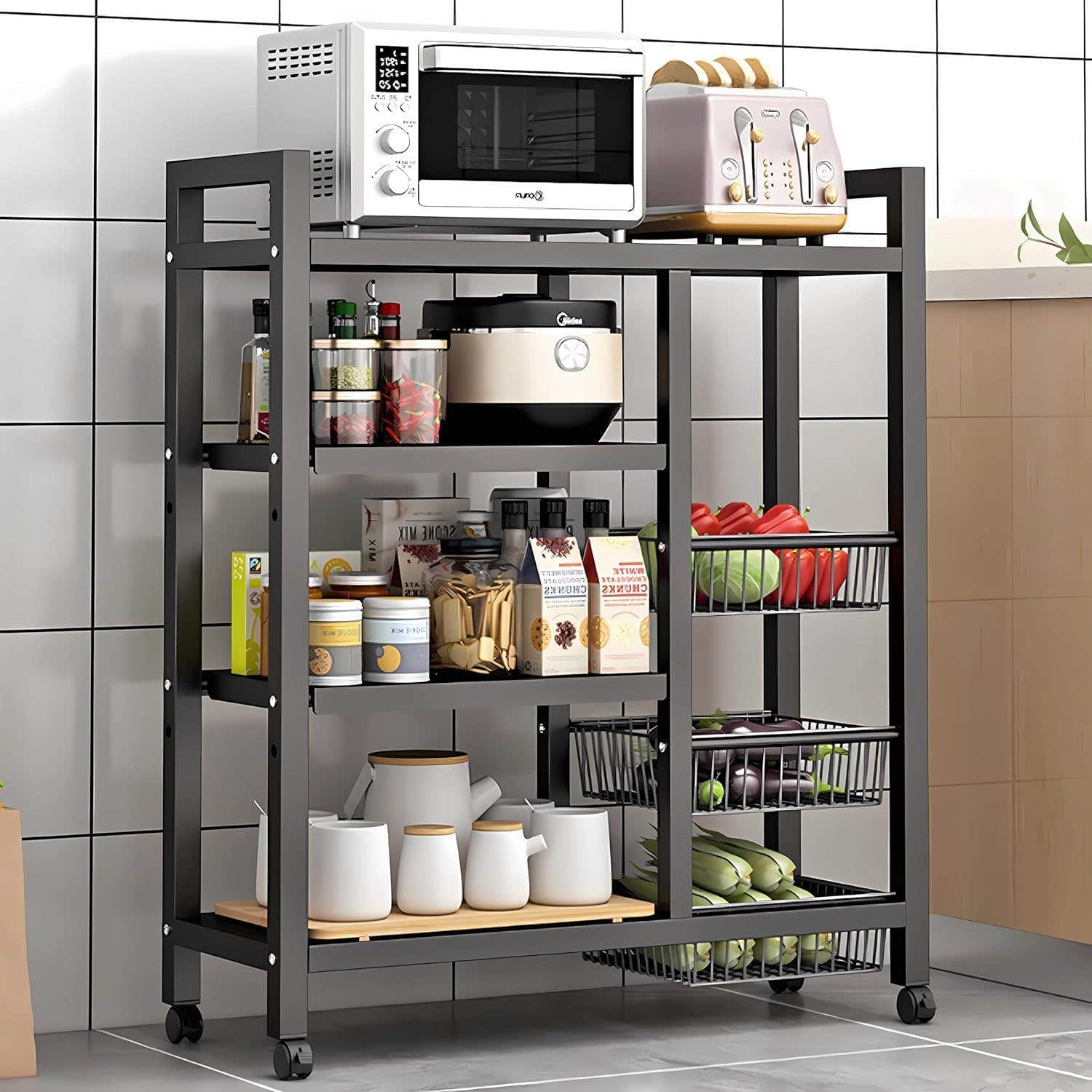 WAMIT 4-Tier Black Storage Rack with Sunken Mesh Basket - Large Capacity Freestanding Metal Shelving Unit