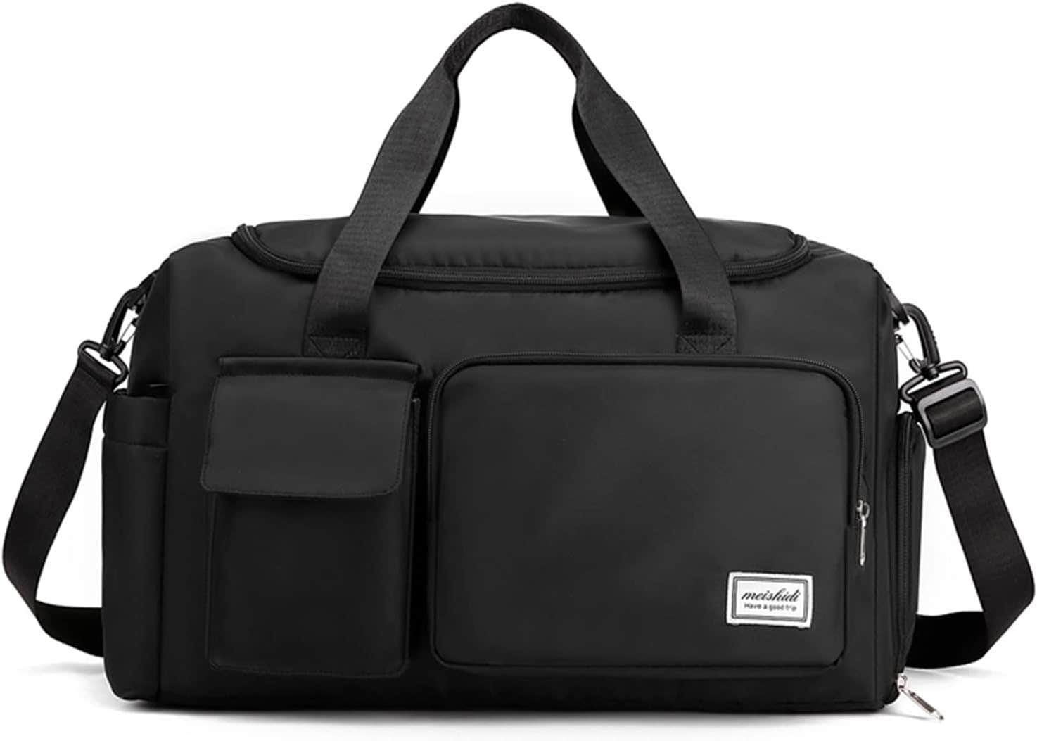 Waterproof Travel Duffle Bag with Shoe Compartment and Wet Pocket - Black