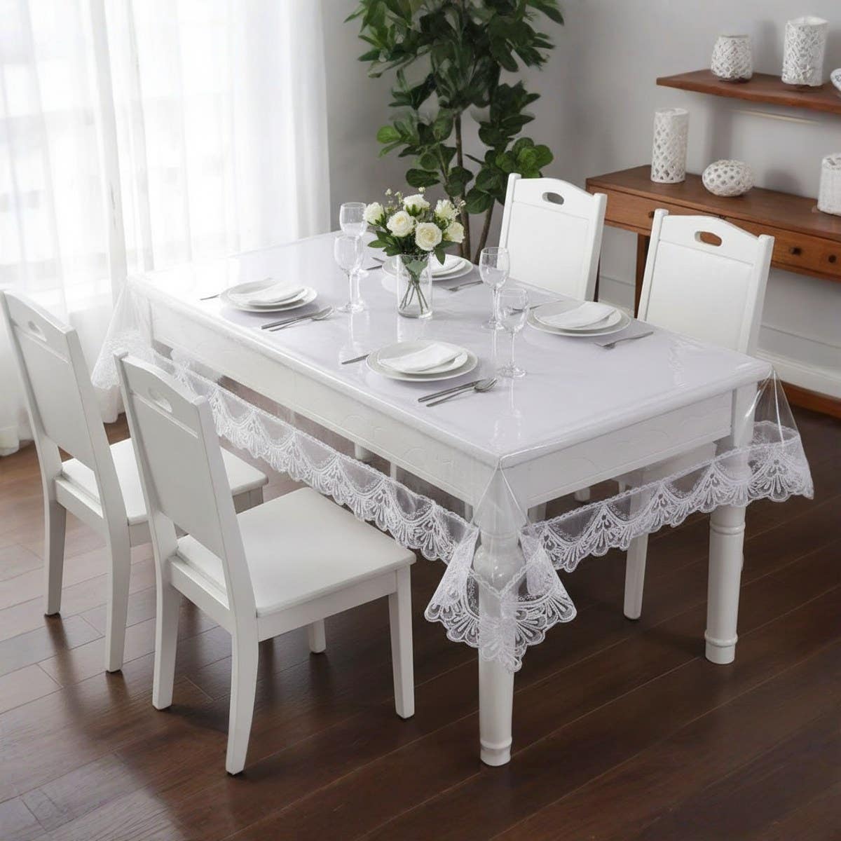 Rectangular Vinyl and PVC Tablecloth with Lace Edges - Christmas, Kitchen, Home - White Transparent 137x182.8 cm