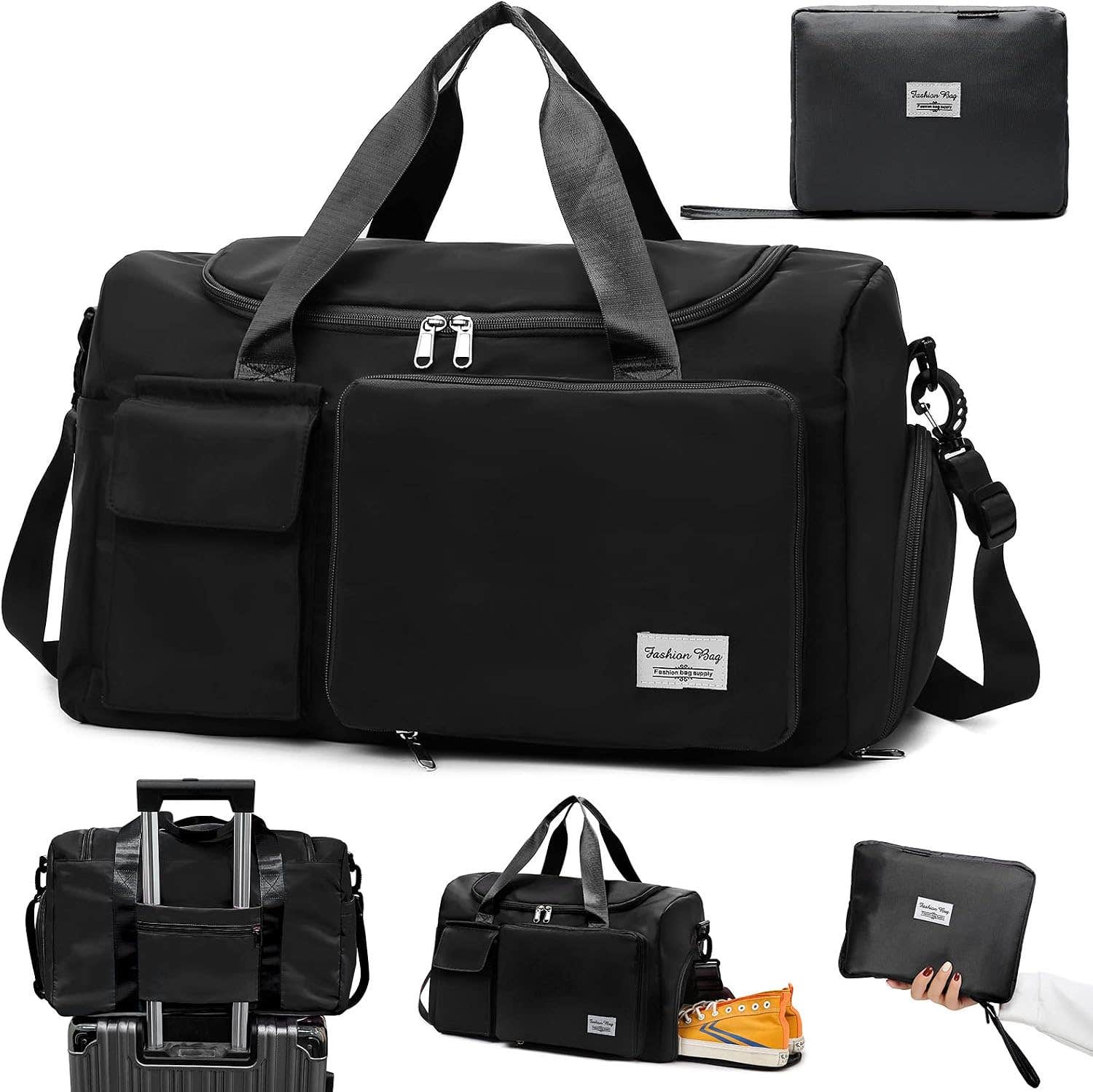 Victop Folding Sports Gym Bag with Wet Pocket & Shoe Compartment - Black, Waterproof Travel Duffle for Women, 27L